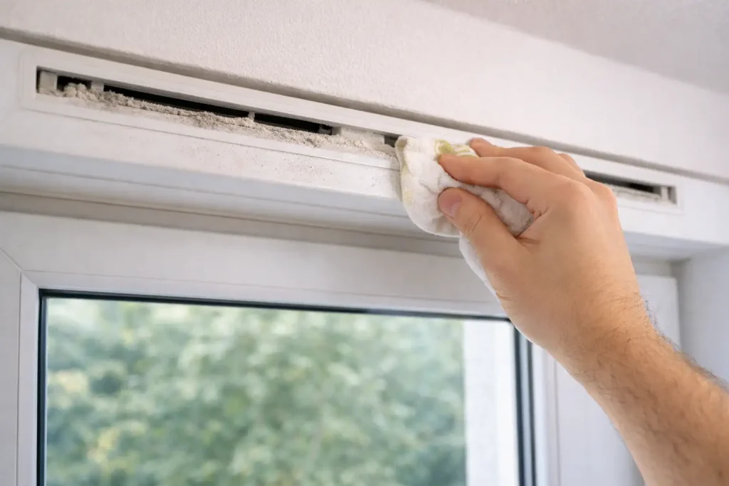 Gros plan d’une entrée d’air au-dessus d’une fenêtre en cours de nettoyage.