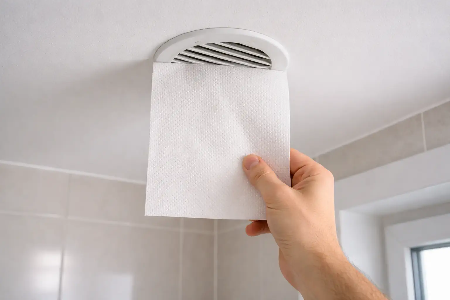 Main tenant une feuille de papier plaquée contre une bouche d’extraction VMC au plafond