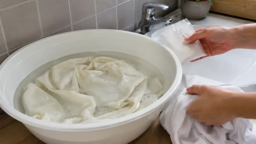 Vêtement clair qui trempe dans une bassine pour rattraper une déteinte