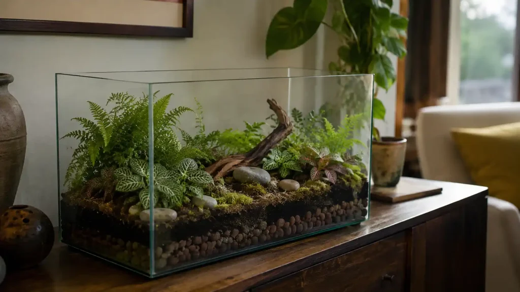 Ancien aquarium recyclé en terrarium avec plantes d’intérieur
