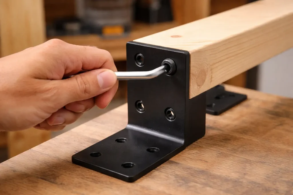 Personne utilisant une clé Allen pour visser une vis à tête hexagonale dans un support métallique en atelier.