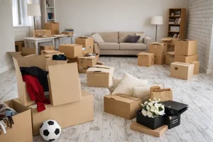 Salon encombré avec cartons de déménagement avant débarras de maison