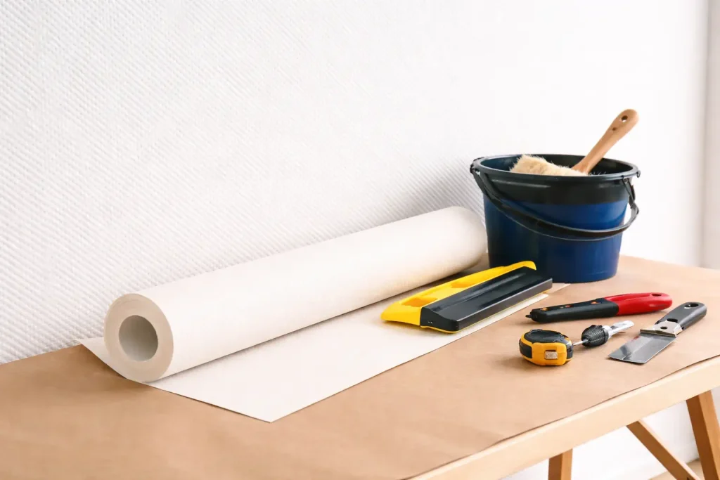 Mur en toile de verre à chevrons avec rouleau de papier peint et outils de pose