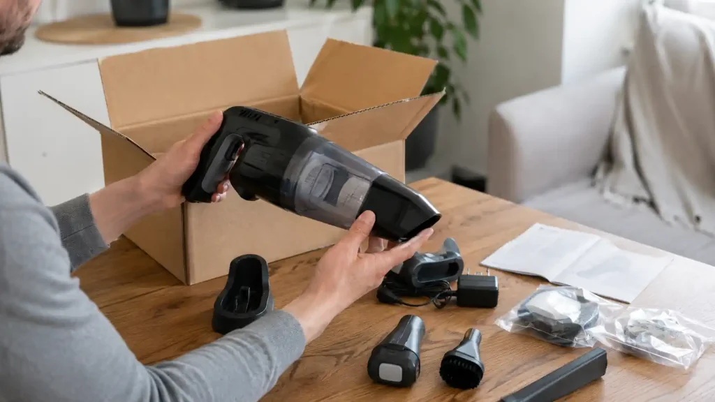 Mains vérifiant un appareil de seconde vie et ses accessoires sortis d’un carton
