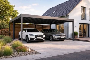 Maison moderne avec carport double et voitures abritées