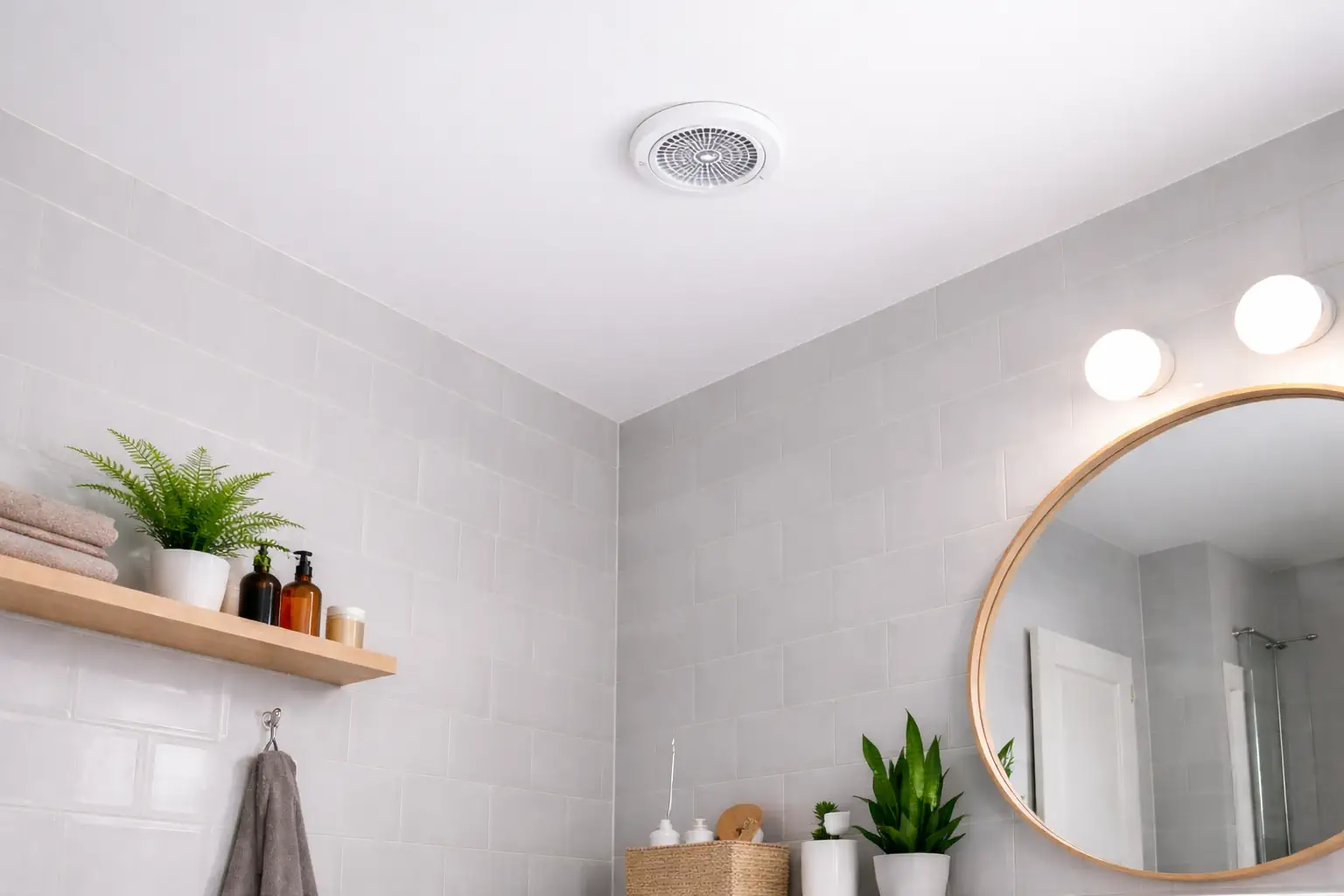 Bouche de VMC au plafond dans l’angle d’une salle de bain moderne, lumière naturelle