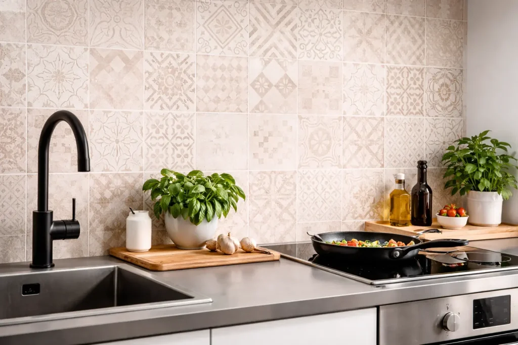 Cuisine moderne avec crédence décorative beige à motifs, évier noir mat, plan de travail inox et plaque de cuisson avec poêle.