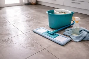 Traces visibles sur un carrelage en contre-jour avec seau, serpillière microfibre et chiffons de nettoyage