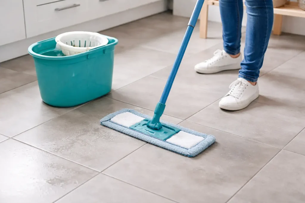 Personne passant une serpillière microfibre sur un carrelage avec un seau de nettoyage à côté
