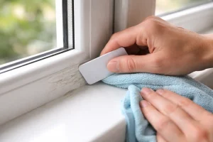 Main retirant des résidus de colle sur un cadre de fenêtre PVC avec une carte plastique et un chiffon microfibre"