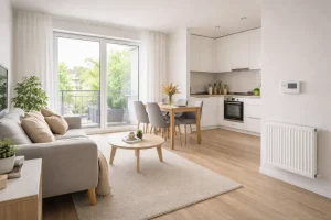 : Pièce de vie lumineuse d’un appartement neuf avec grandes fenêtres, cuisine et salon minimalistes, radiateur moderne, matériaux récents