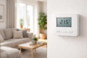 Thermostat mural dans un salon, utilisé pour illustrer le branchement d’un thermostat 3 fils