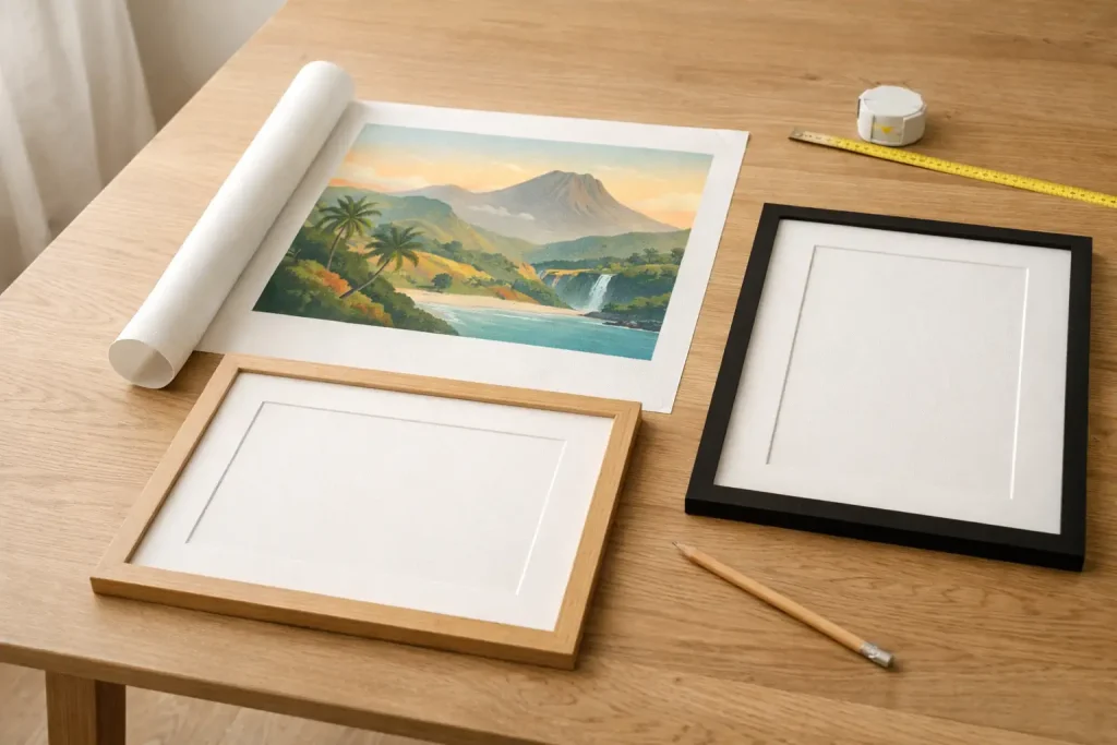 Affiche de La Réunion sur une table en bois avec cadres noir et bois clair, passe-partout et mètre ruban
