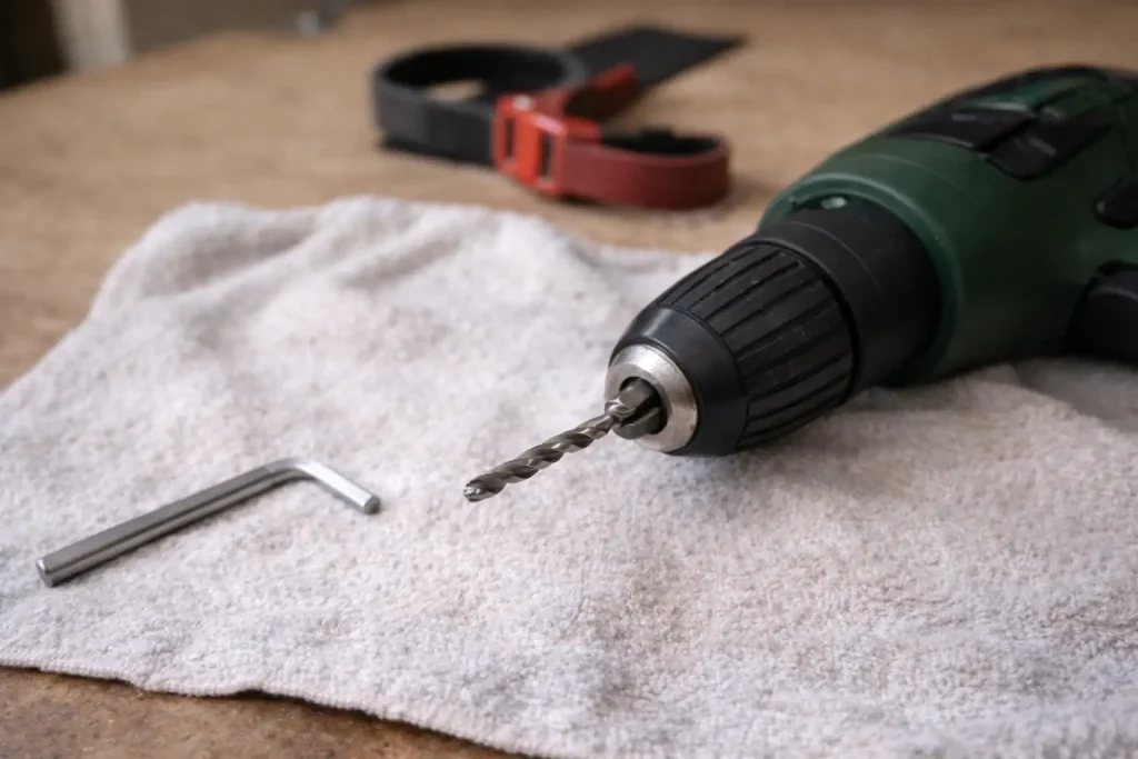 Perceuse Bosch avec mandrin bloqué et clé Allen posée sur l’établi