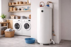 Chauffe-eau (cumulus) installé dans une buanderie, avec évacuation et siphon du groupe de sécurité au sol