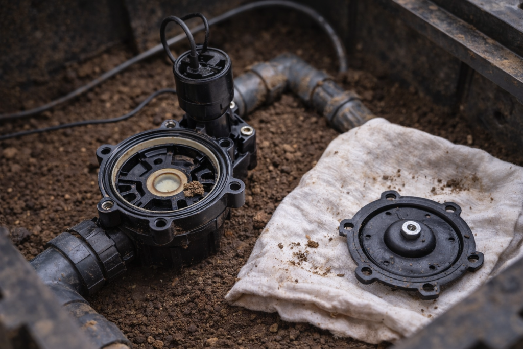 Électrovanne d’arrosage ouverte dans un regard, membrane posée sur un chiffon avec des grains de terre, lumière naturelle