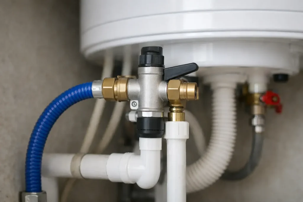 Gros plan sur un groupe de sécurité raccordé à l’arrivée d’eau froide d’un ballon, avec évacuation en dessous.