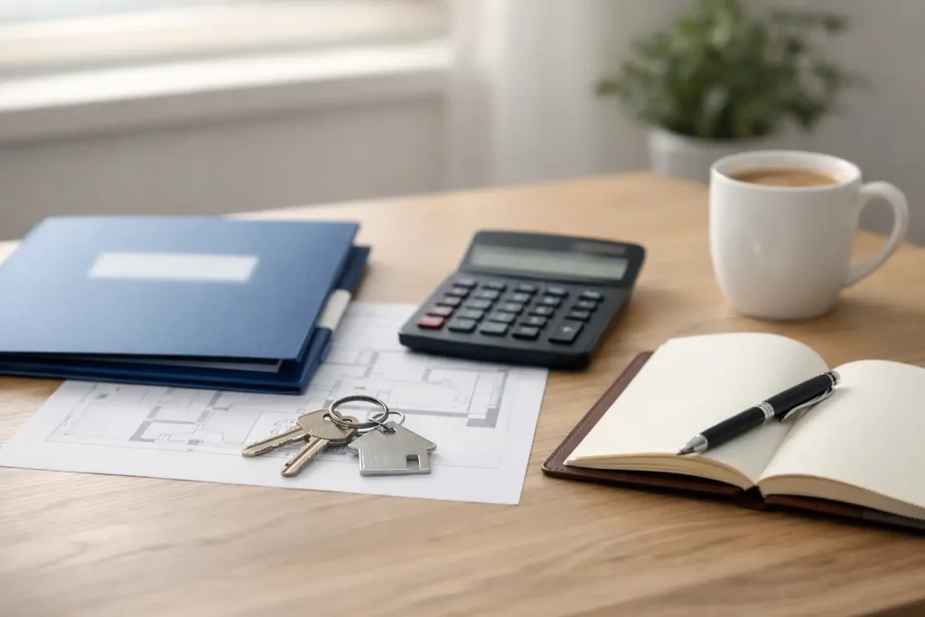 Bureau lumineux avec dossier administratif flouté, plan d’appartement non lisible, trousseau de clés et calculatrice, ambiance préparation d’un investissement immobilier.