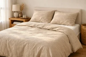 Lit bien fait avec housse de couette en chanvre beige, lumière du matin