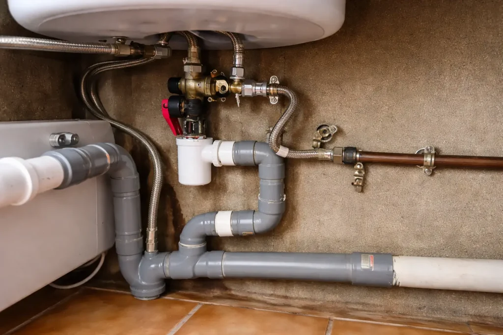 Gros plan sur le siphon et l’évacuation du groupe de sécurité d’un cumulus, avec raccords et tuyaux d’évacuation