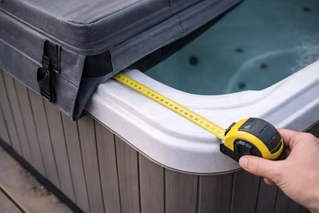 Gros plan sur un angle de spa avec un mètre ruban pour mesurer le rayon d’angle avant de choisir une couverture.