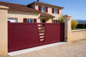 Portail coulissant moderne avec piliers et maison en arrière-plan, en plein jour