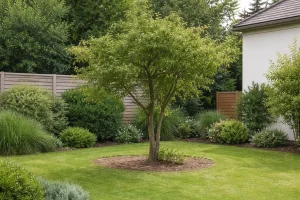 Arbre à la silhouette irrégulière dans un jardin résidentiel entretenu