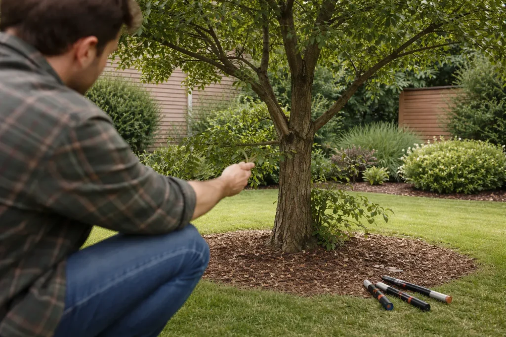 Personne accroupie observant le pied et les branches basses d’un arbre dans un jardin
