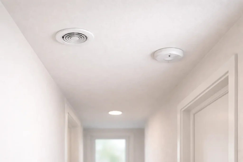 Plafond de couloir avec bouche de VMC et détecteur de fumée pour aider à localiser l’origine d’un bip