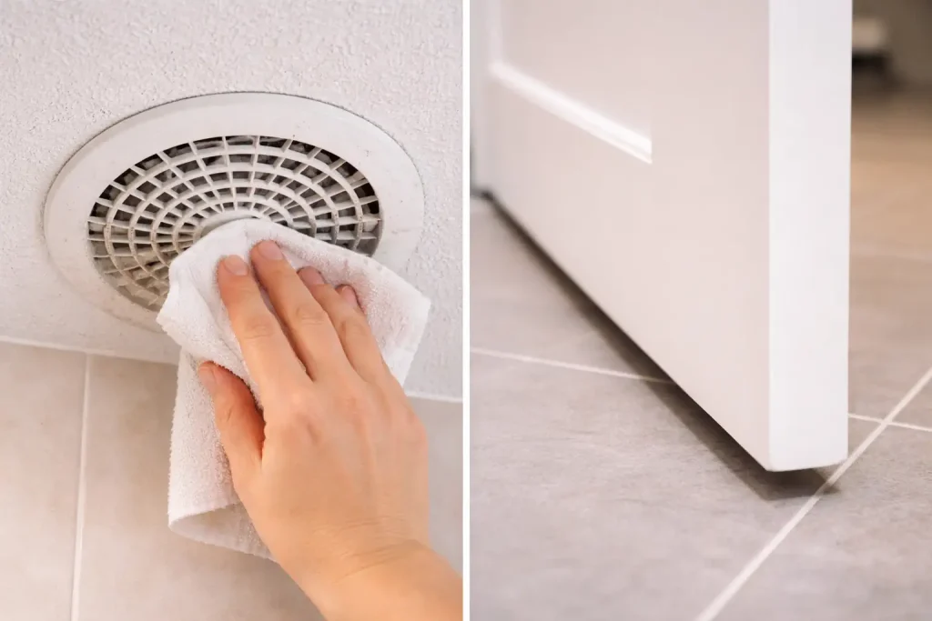 Bouche de VMC et passage d’air sous la porte dans une salle de bain