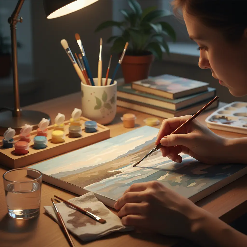 Gros plan sur une personne peignant une toile de peinture par numéros avec pinceaux et godets