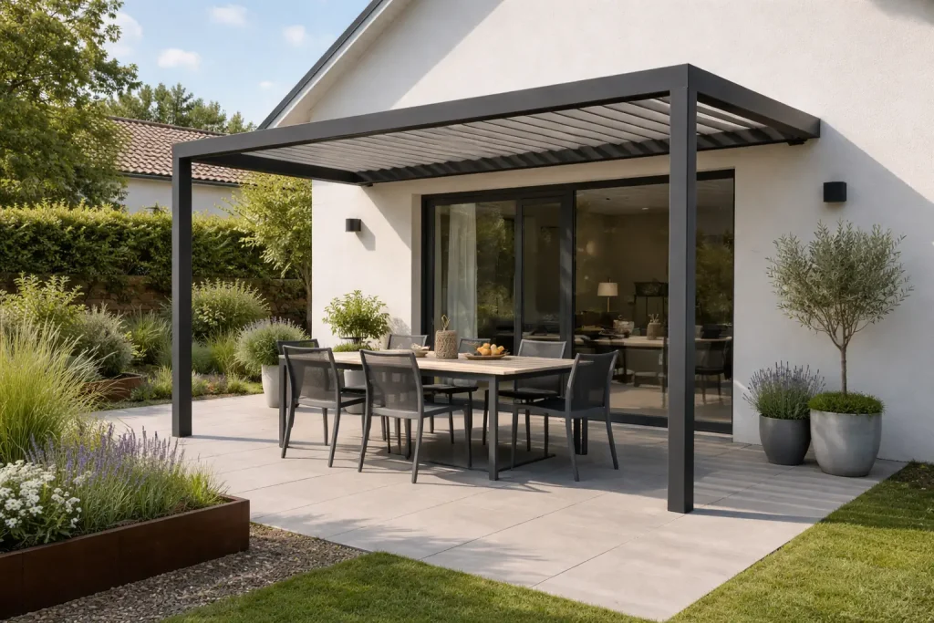 Terrasse de maison aménagée avec une pergola sobre