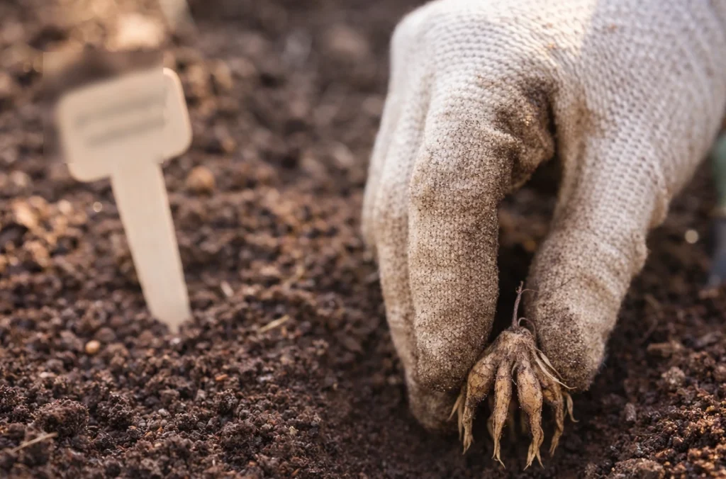 Main plantant une griffe de renoncule dans un sol drainant, en lumière naturelle.