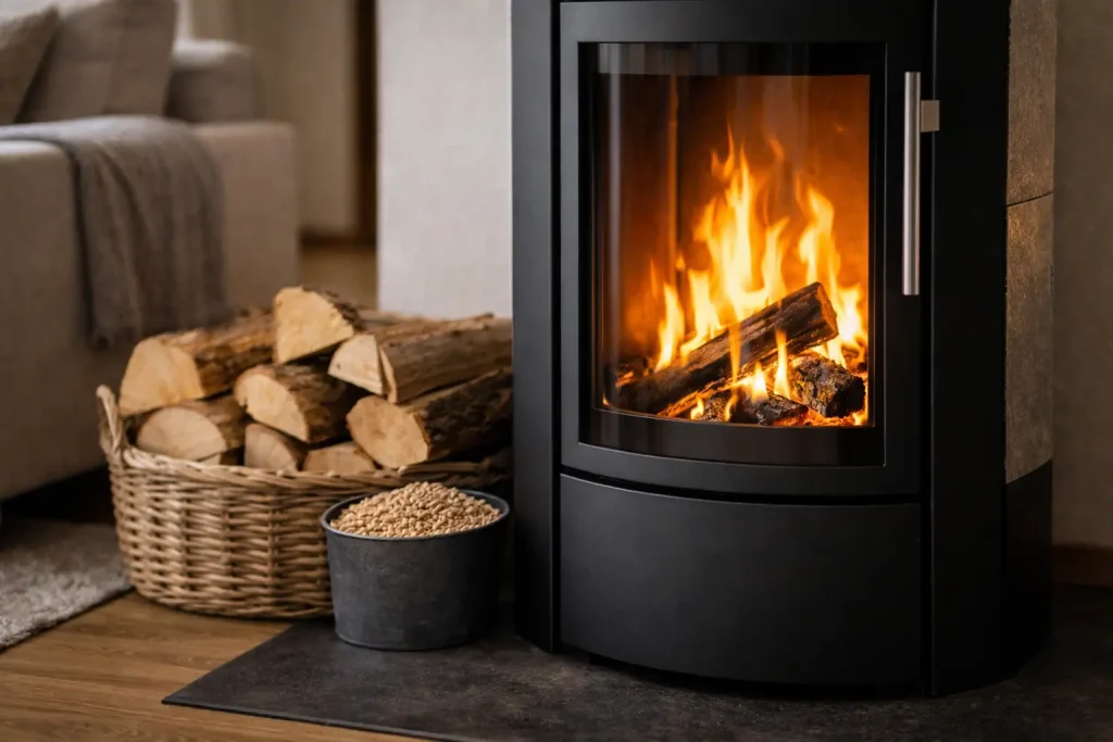 Poêle à bois dans une maison avec bûches sèches et granulés visibles à proximité