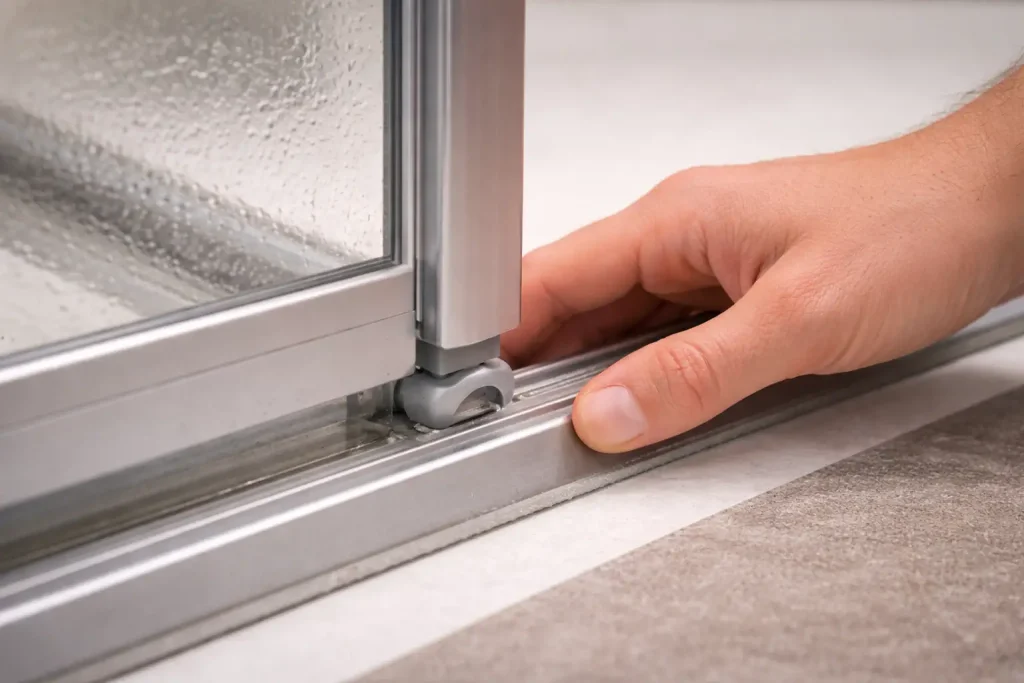 Main vérifiant le rail inférieur et le guide bas d’une porte de douche coulissante