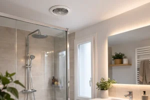 Salle de bain moderne avec une bouche de VMC au plafond, placée près de la zone douche.