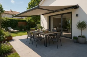 Terrasse de maison ombragée par un store banne déployé