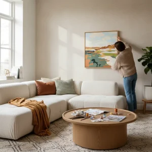 Personne accrochant un tableau de peinture par numéros dans un salon cosy