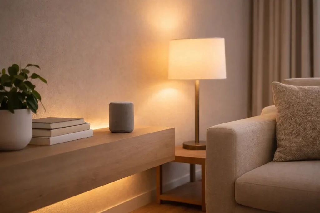 Enceinte design et éclairage connecté discrets dans un salon chaleureux et soigné
