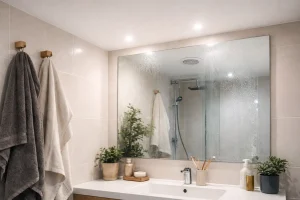 Salle de bain après la douche avec miroir embué et bouche de VMC visible près de la zone de douche