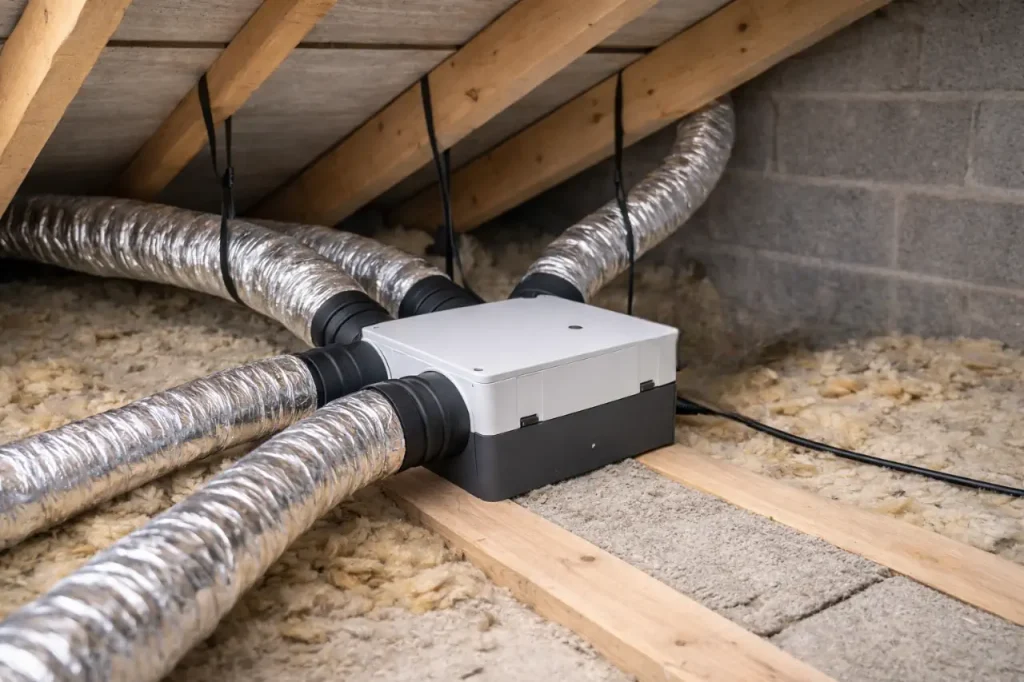 VMC simple flux installée dans des combles avec quatre gaines de ventilation reliées au caisson