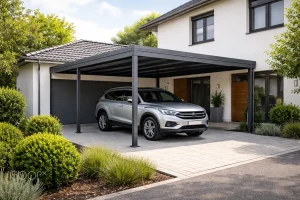 Voiture stationnée sous un carport à côté d’une maiso