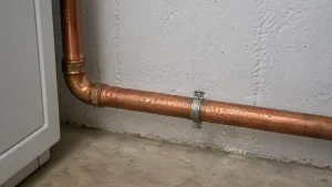 Gouttelettes de condensation sur un tuyau d’eau froide apparent dans une pièce humide