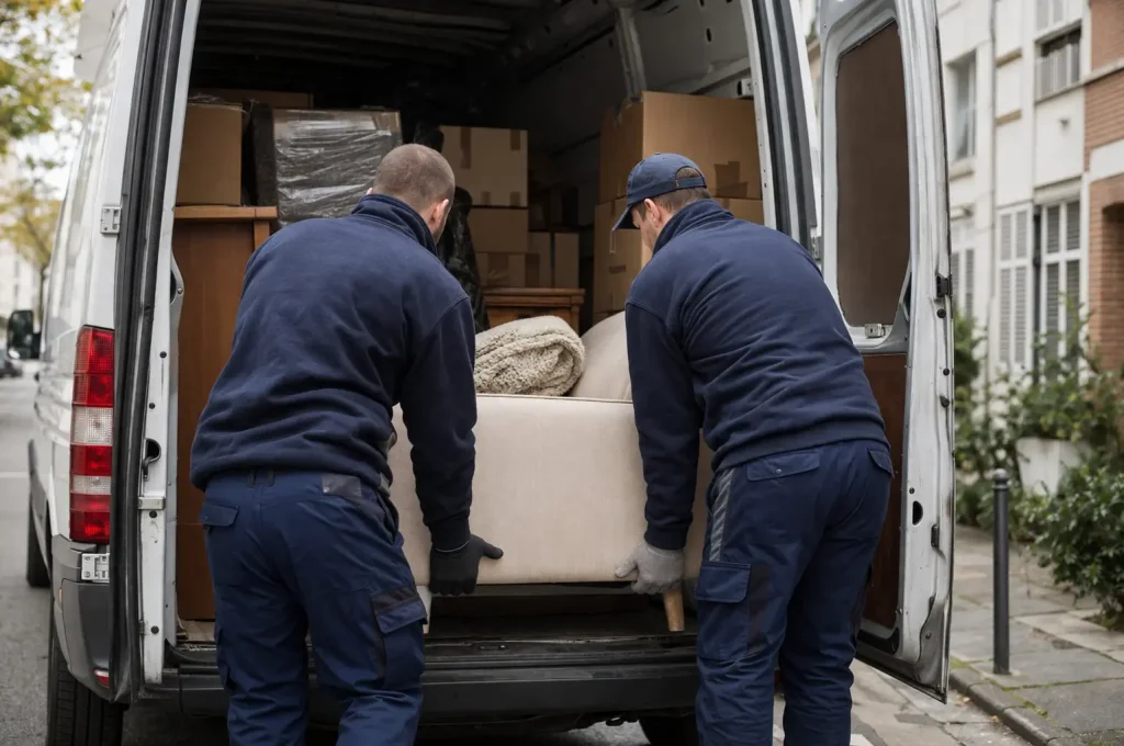Deux déménageurs chargent un canapé gris à l’arrière d’une camionnette de déménagement