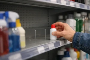 Main cherchant un petit détachant textile dans un rayon entretien partiellement vide