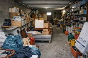 Garage très encombré avec cartons, sacs et objets divers avant un débarras