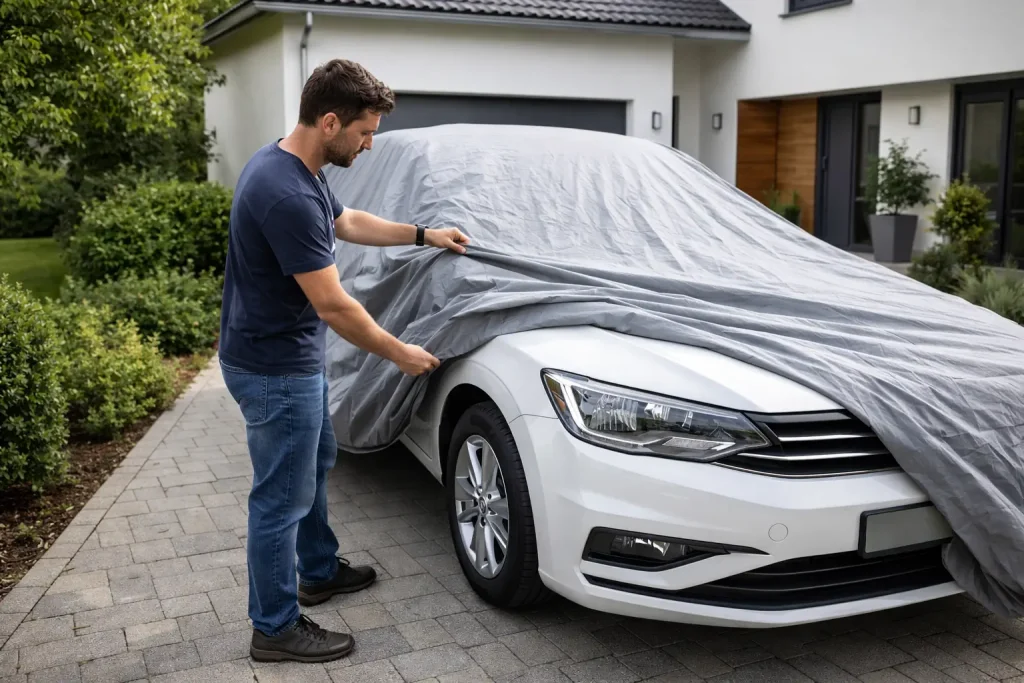 Mise en place d’une housse de protection sur une voiture devant une maison
