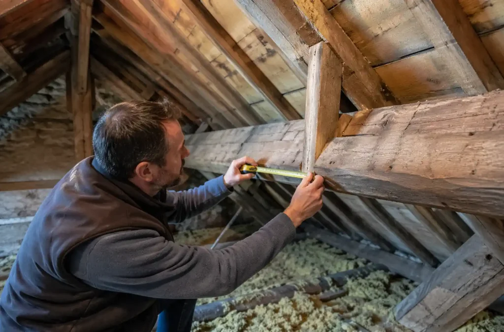 Personne inspectant une charpente en bois dans des combles
