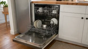 Lave-vaisselle ouvert avec un fond d’eau visible dans la cuve