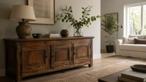 Buffet ancien en bois intégré dans un salon moderne et lumineux